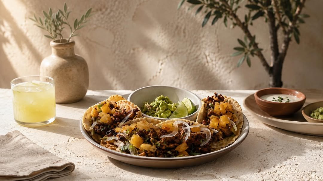 Tacos al pastor with pineapple and onion
